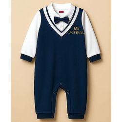Babyhug Interlock Knit Full Sleeves Party Romper With Attached Waistcoat & Bow - Navy Blue