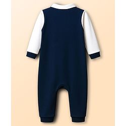 Babyhug Interlock Knit Full Sleeves Party Romper With Attached Waistcoat & Bow - Navy Blue