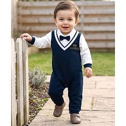 Babyhug Interlock Knit Full Sleeves Party Romper With Attached Waistcoat & Bow - Navy Blue