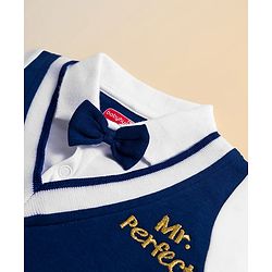 Babyhug Interlock Knit Full Sleeves Party Romper With Attached Waistcoat & Bow - Navy Blue