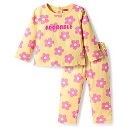 Babyhug Cotton Knit Full Sleeves Night Suit With Floral Print - Yellow