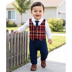 Babyhug Interlock Knit Full Sleeves Party Romper With Attached Checks Waistcoat & Tie - Navy Blue & Maroon
