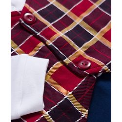 Babyhug Interlock Knit Full Sleeves Party Romper With Attached Checks Waistcoat & Tie - Navy Blue & Maroon