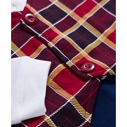 Babyhug Interlock Knit Full Sleeves Party Romper With Attached Checks Waistcoat & Tie - Navy Blue & Maroon