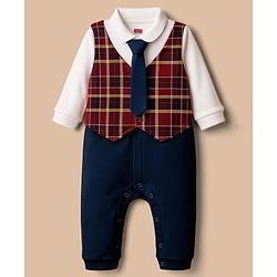 Babyhug Interlock Knit Full Sleeves Party Romper With Attached Checks Waistcoat & Tie - Navy Blue & Maroon