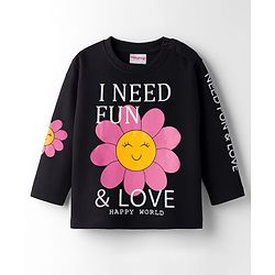 Babyhug Cotton Knit Full Sleeves T-Shirt With Text Print - Black