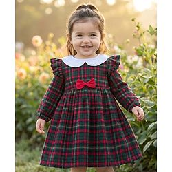 Babyhug Cotton Woven Full Sleeves Checks Frock With Bow Applique - Multicolor