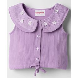 Babyhug Crinkled Crepe Woven Sleeveless Top With Floral Embroidery - Lilac