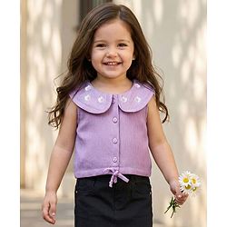 Babyhug Crinkled Crepe Woven Sleeveless Top With Floral Embroidery - Lilac