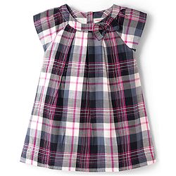 Babyhug 100% Cotton Woven Half Sleeves Knee Length Checkered Dress With Bow Applique - Multicolour