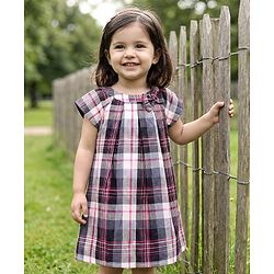 Babyhug 100% Cotton Woven Half Sleeves Knee Length Checkered Dress With Bow Applique - Multicolour