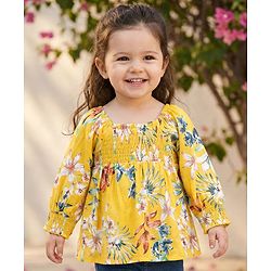 Babyhug Cotton Woven Full Raglan Sleeves Smocked Top with Floral Print - Yellow