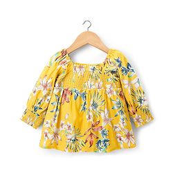Babyhug Cotton Woven Full Raglan Sleeves Smocked Top with Floral Print - Yellow