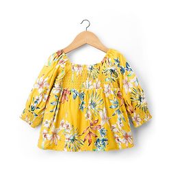 Babyhug Cotton Woven Full Raglan Sleeves Smocked Top with Floral Print - Yellow