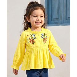 Babyhug Cotton Woven Full Sleeves Top with Floral Embroidery - Yellow