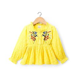 Babyhug Cotton Woven Full Sleeves Top with Floral Embroidery - Yellow