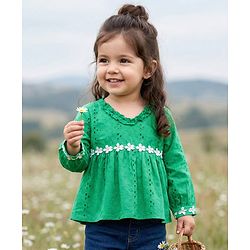 Babyhug Cotton Woven Full Sleeves Chiffli Top - Green