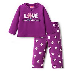 Babyhug Cotton Knit Full Sleeves Night Suit With Floral Print - Purple