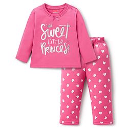 Babyhug Cotton Knit Full Sleeves Night Suit With Text & Heart Print - Pink