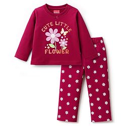 Babyhug Cotton Knit Full Sleeves Night Suit With Floral Print & Text Print - Maroon