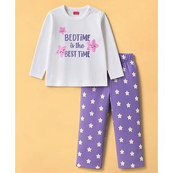 Babyhug Cotton Knit Full Sleeves Night Suit With Text Print - Lavender & White