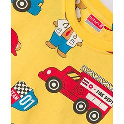 Babyhug Cotton Knit Full Sleeves Night Suit With Vehicle Print - Yellow