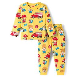 Babyhug Cotton Knit Full Sleeves Night Suit With Vehicle Print - Yellow