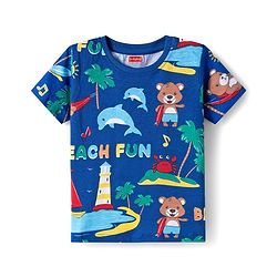 Babyhug 100% Cotton Single Jersey Knit Half Sleeves T-Shirt With Animal Print Pack Of 3 - Red Navy Blue & Yellow
