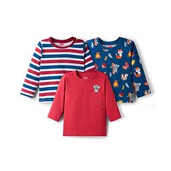 Babyhug 100 % Cotton Knit Full Sleeves T-Shirt with Stripes & Animal Print Pack of 3 - Red & Navy Blue