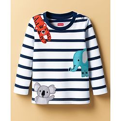 Babyhug 100% Cotton Knit Full Sleeves T-Shirt with Animal Embroidery & Stripes - Navy Blue & White
