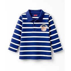 Babyhug 100% Cotton Knit Full Sleeves Striped Polo T-Shirt With Teddy Bear Print - Navy Blue