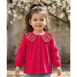 Babyhug 100% Cotton Knit Full Sleeves Top with Floral Embroidery - Red