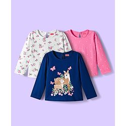 Babyhug 100% Cotton Single Jersey Knit Full Sleeves T-Shirt With Floral & Animal Print Pack Of 3 - Navy Blue Pink & White