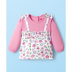 Babyhug 100% Cotton Single Jersey Knit Full Sleeves Top With Floral Print - Pink & White