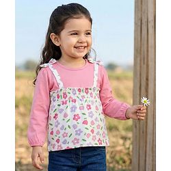 Babyhug 100% Cotton Single Jersey Knit Full Sleeves Top With Floral Print - Pink & White