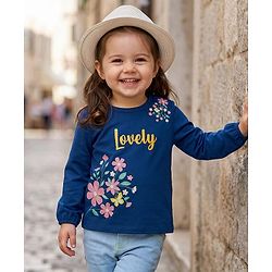Babyhug Single Jersey Knit Full Sleeves Top With Floral Print - Navy Blue