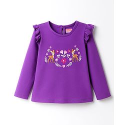 Babyhug 100% Cotton Knit Full Sleeves Top with Floral & Deer Embroidery - Purple