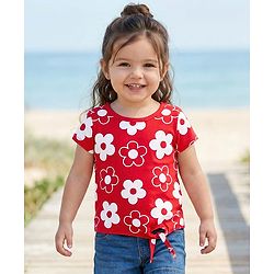 Babyhug 100% Cotton Knit Half Sleeves Top with Floral Print - Red