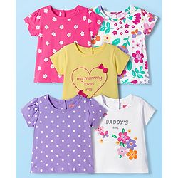 Babyhug 100% Cotton Knit Half Sleeves T-Shirts With Floral & Polka Dot Print Pack of 5 - Multicolor