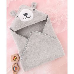 Babyhug Cotton Terry Woven Hooded Bath Towel with Bear Print L 73 x B 73 cm - Light Grey