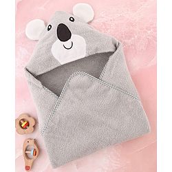 Babyhug Cotton Terry Woven Hooded Bath Towel with Koala Print L 73 x B 73 cm - Light Grey