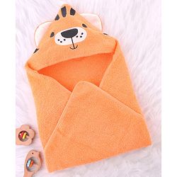 Babyhug Cotton Terry Woven Hooded Bath Towel with Tiger Print L 73 x B 73 cm - Light Orange