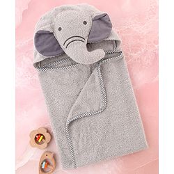 Babyhug Cotton Terry Woven Hooded Bath Towel with Elephant Print L 73 x B 73 cm - Light Grey
