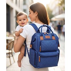 Babyhug Multipurpose Structured Diaper Backpack| Wide Opening Frame| Multi-Pocket Organizer| Dual Carry Handles| Wipes Dispenser| Charger Cable Opening| Stroller Clip | Capacity- 17L -  Blue