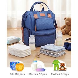 Babyhug Multipurpose Structured Diaper Backpack| Wide Opening Frame| Multi-Pocket Organizer| Dual Carry Handles| Wipes Dispenser| Charger Cable Opening| Stroller Clip | Capacity- 17L -  Blue