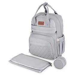 Babyhug Quilted Multipurpose Diaper Backpack with Changing Mat - Grey| Detachable Pacifier Pouch| Adjustable Shoulder Straps| Spacious Multi-Compartment Storage| Wipes Dispenser| Side Bottle Pocket