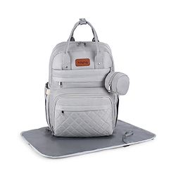 Babyhug Quilted Multipurpose Diaper Backpack with Changing Mat - Grey| Detachable Pacifier Pouch| Adjustable Shoulder Straps| Spacious Multi-Compartment Storage| Wipes Dispenser| Side Bottle Pocket