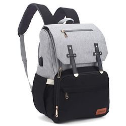 Babyhug Premium Multipurpose Diaper Backpack - Black Grey| USB Charging Port| Insulated Bottle Pockets| Diaper Changing Mat| Padded Shoulder Strap|Side Bottle Pocket|Wipes Dispenser| Water Resistant