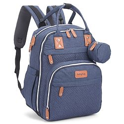 Babyhug Premium Quilted Multipurpose Stylish Diaper Backpack| Water Resistant| Insulated Bottle Pouches| Side Bottle Pocket| Wipes Dispenser| Detachable Pacifier Case| Stroller Clip - Blue