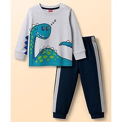 Babyhug Cotton Knit Full Sleeves Night Suit With Dino Print - Grey